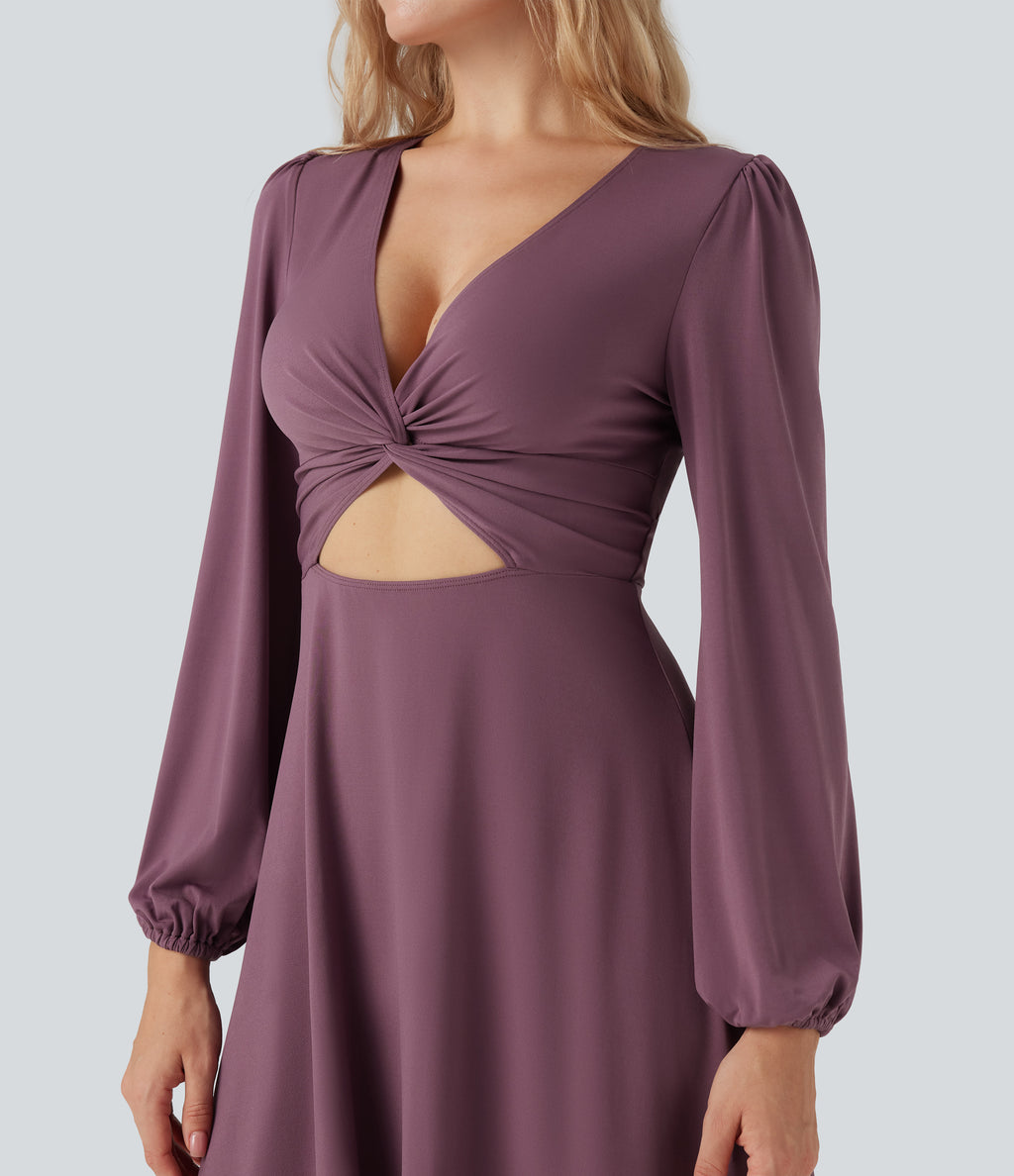V-neck Cut-out Long Sleeve Zipper Mini Dress — Tulipwood — view 4