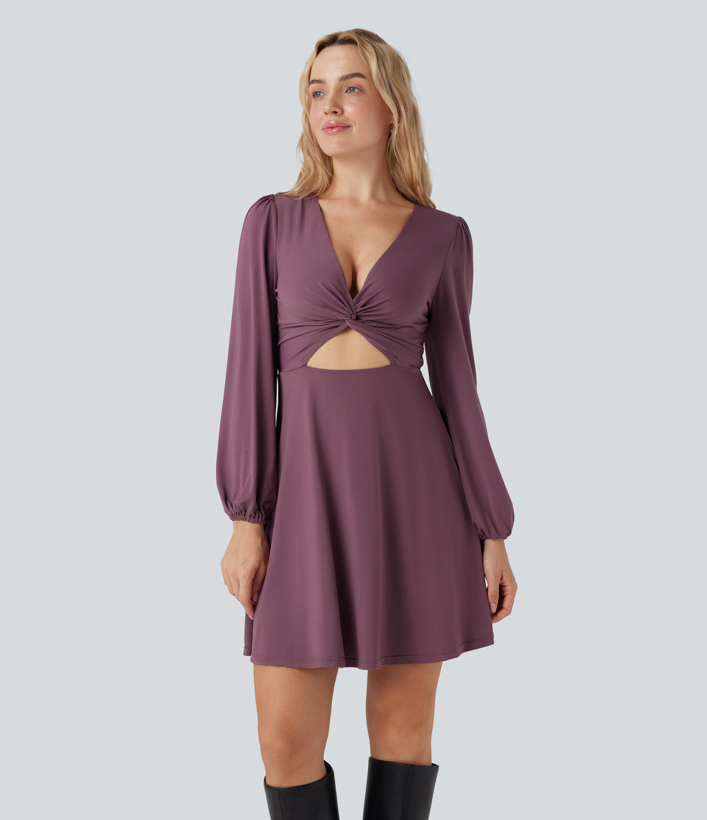 V-neck Cut-out Long Sleeve Zipper Mini Dress — Tulipwood — view 1