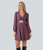 V-neck Cut-out Long Sleeve Zipper Mini Dress — Tulipwood — view 1