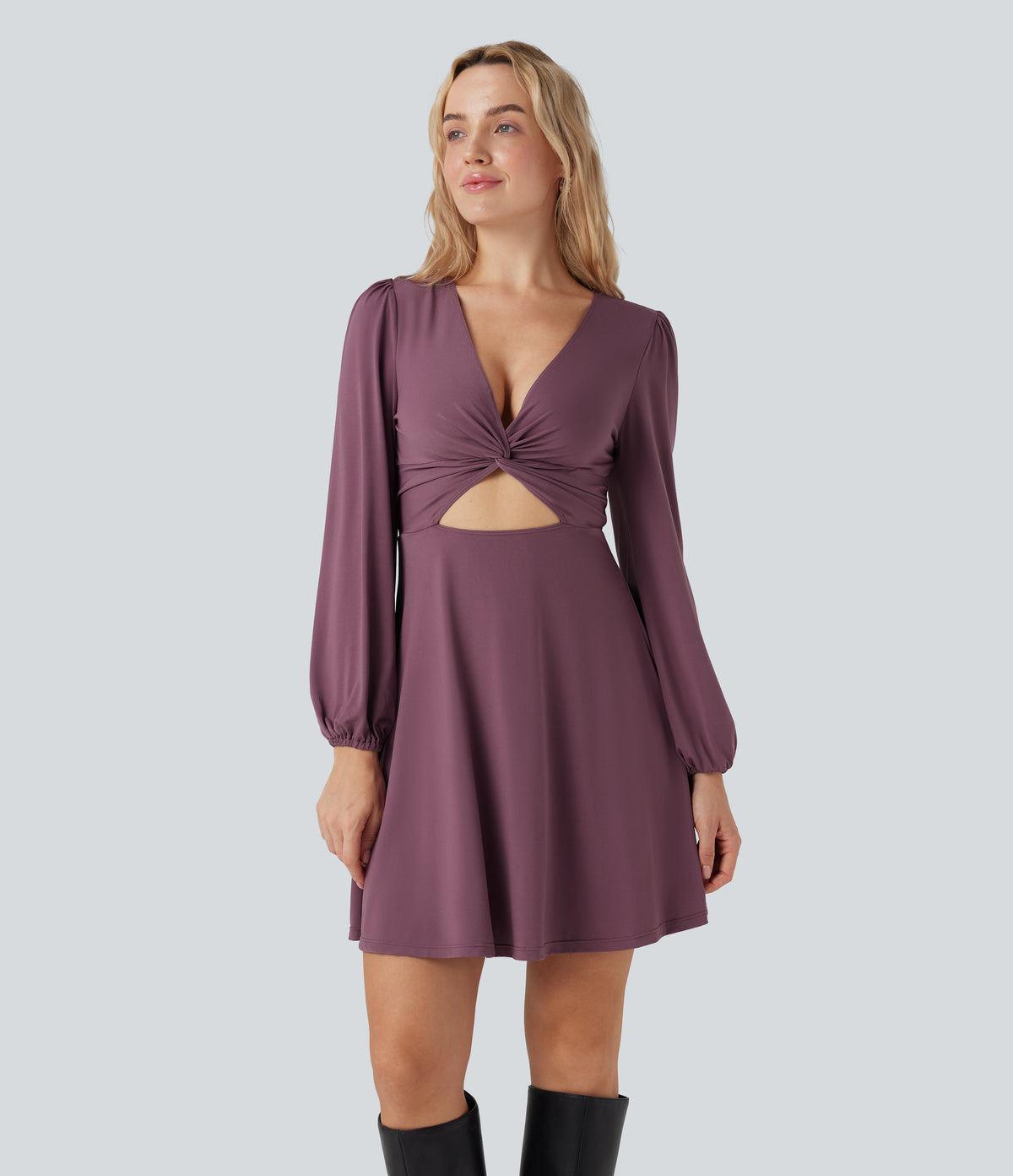 V-neck Cut-out Long Sleeve Zipper Mini Dress — Tulipwood — view 1