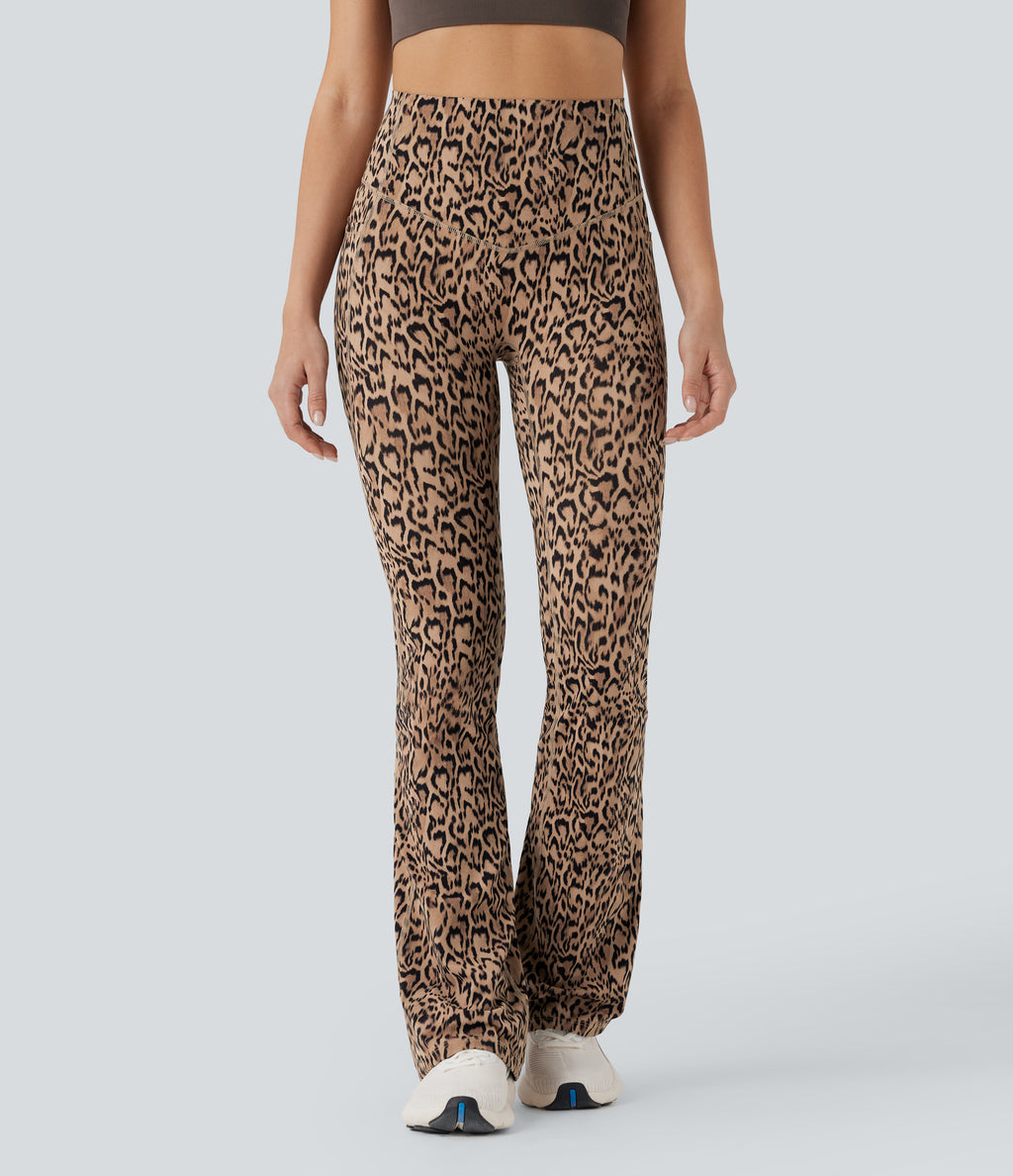 Leopard Print High Waisted Tummy Control Bootcut Yoga Leggings with Pockets — Tan Leopard — view 3