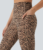 Leopard Print High Waisted Tummy Control Bootcut Yoga Leggings with Pockets — Tan Leopard — view 4