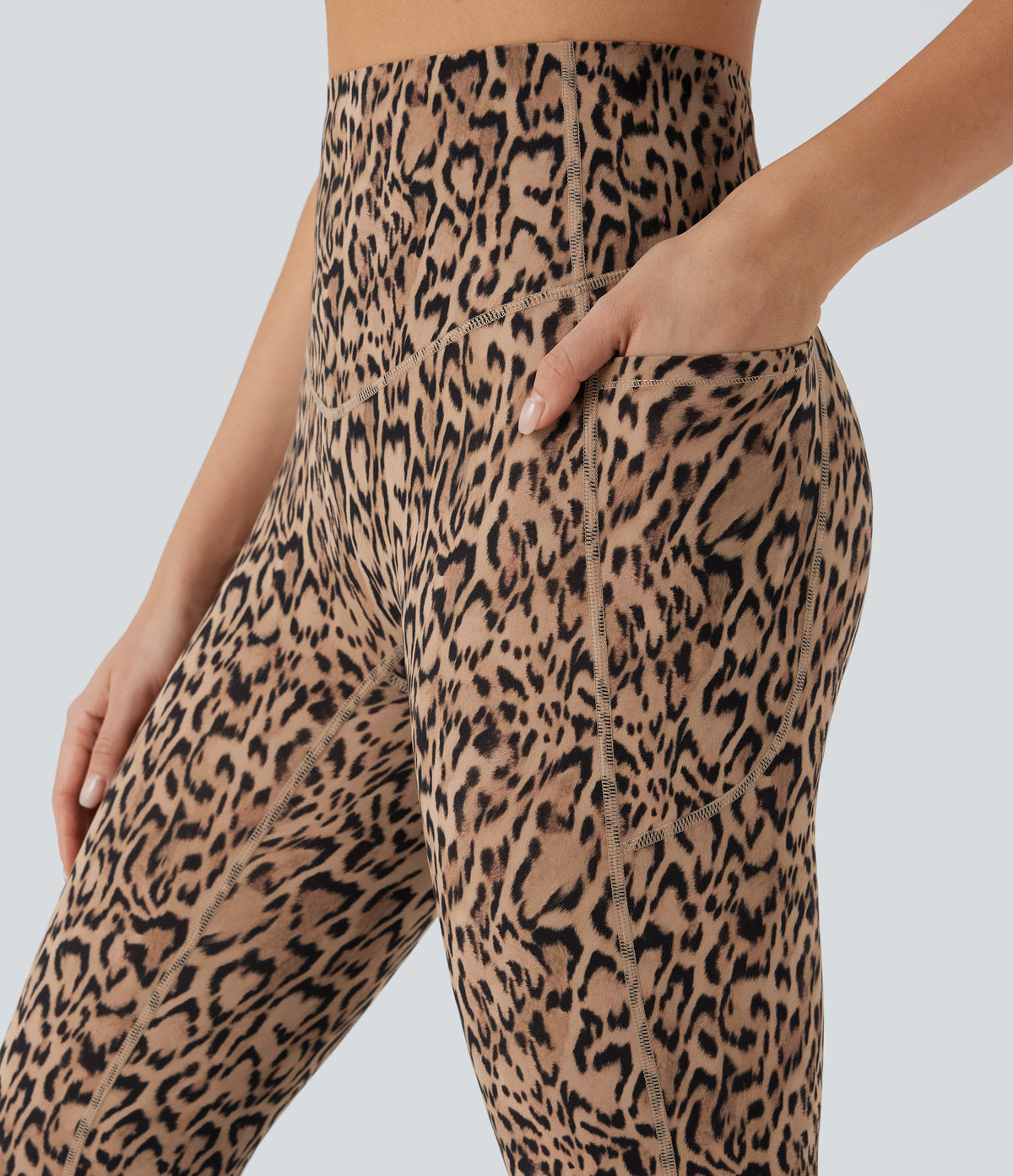 Leopard Print High Waisted Tummy Control Bootcut Yoga Leggings with Pockets — Tan Leopard — view 4