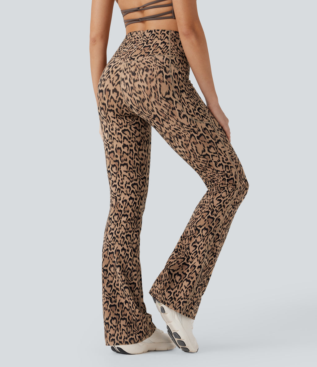 Leopard Print High Waisted Tummy Control Bootcut Yoga Leggings with Pockets — Tan Leopard — view 2