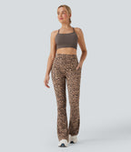 Leopard Print High Waisted Tummy Control Bootcut Yoga Leggings with Pockets — Tan Leopard — view 6