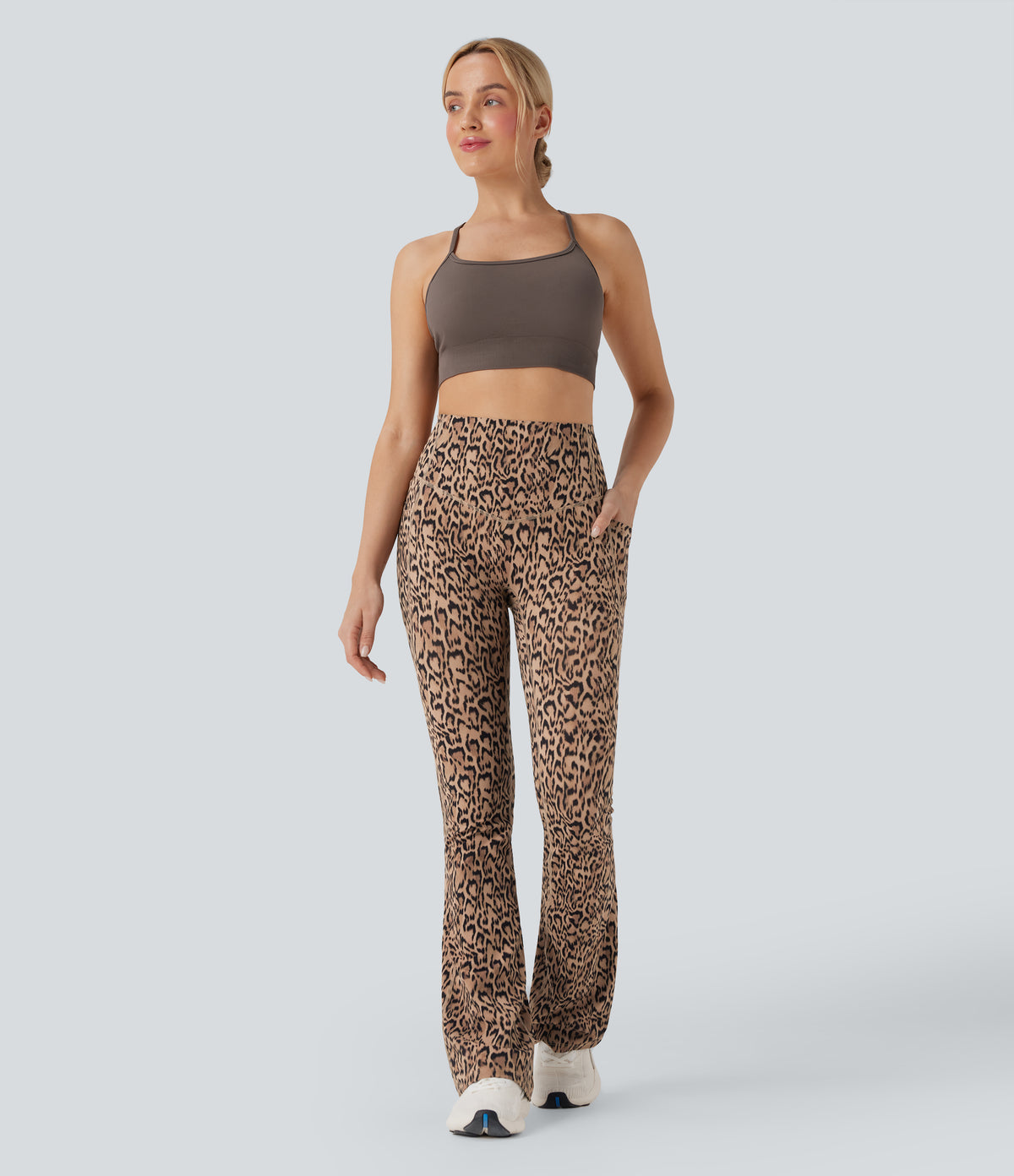 Leopard Print High Waisted Tummy Control Bootcut Yoga Leggings with Pockets — Tan Leopard — view 6