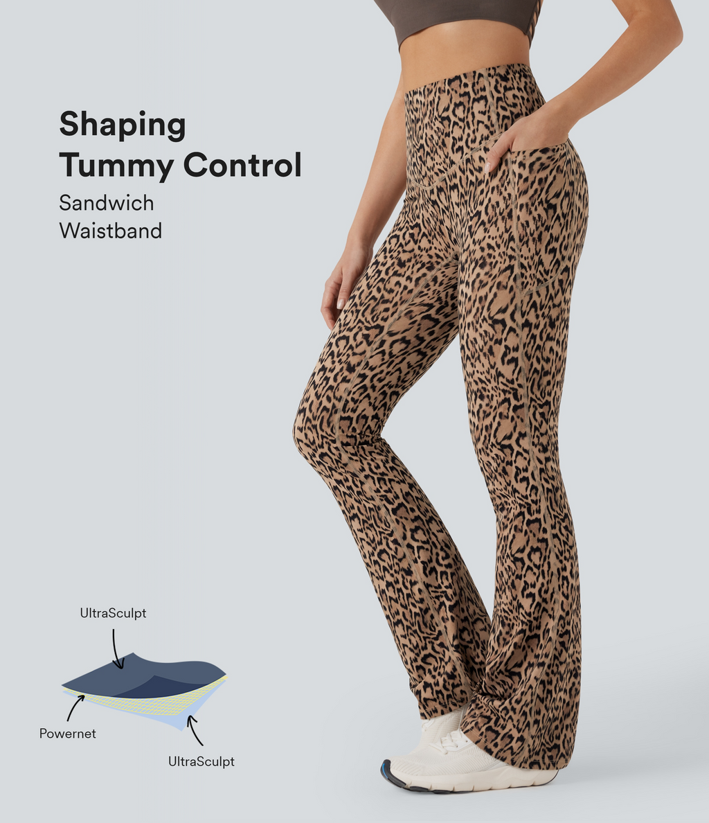 Leopard Print High Waisted Tummy Control Bootcut Yoga Leggings with Pockets — Tan Leopard — view 1