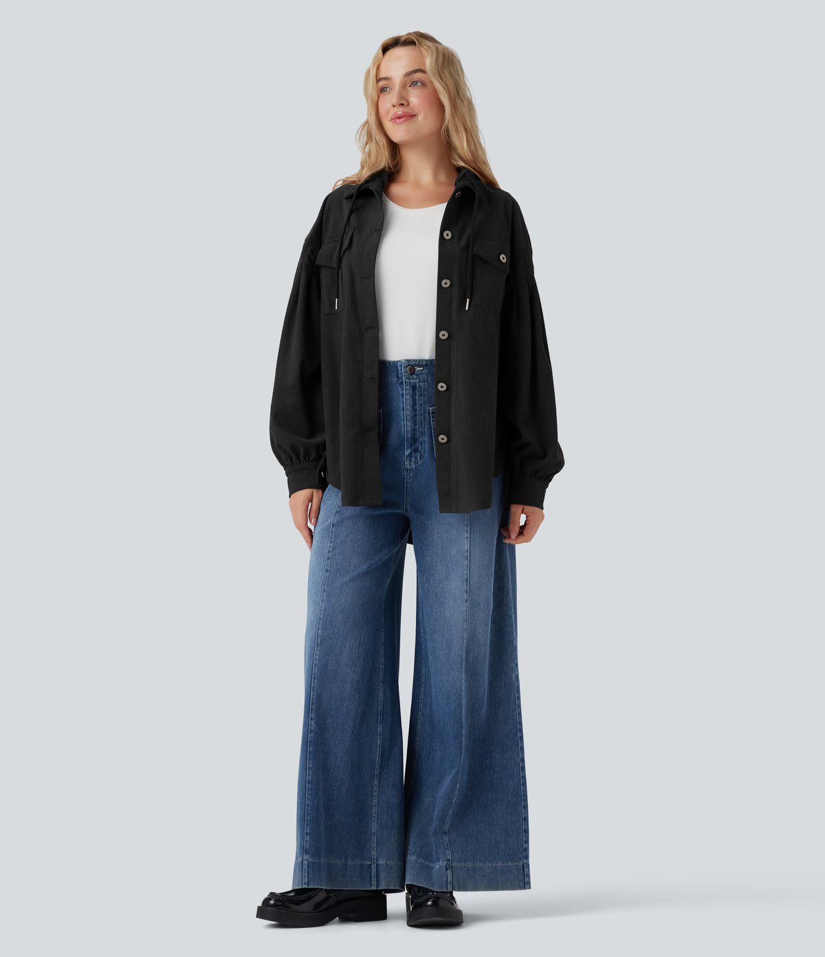 Hooded Drawstring Long Sleeve Corduroy Casual Jacket with Pockets — Black — view 6
