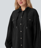 Hooded Drawstring Long Sleeve Corduroy Casual Jacket with Pockets — Black — view 4