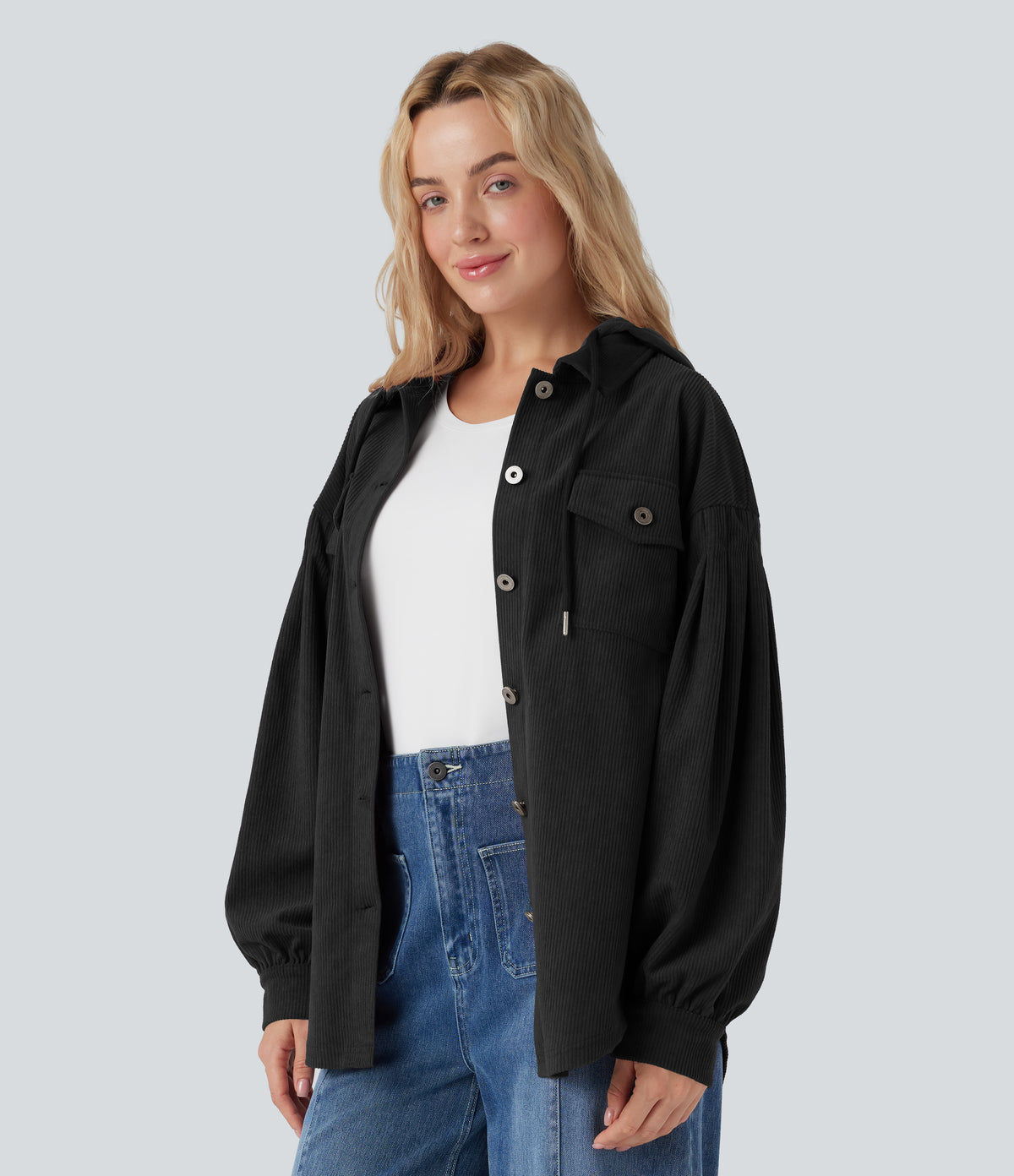 Hooded Drawstring Long Sleeve Corduroy Casual Jacket with Pockets — Black — view 3