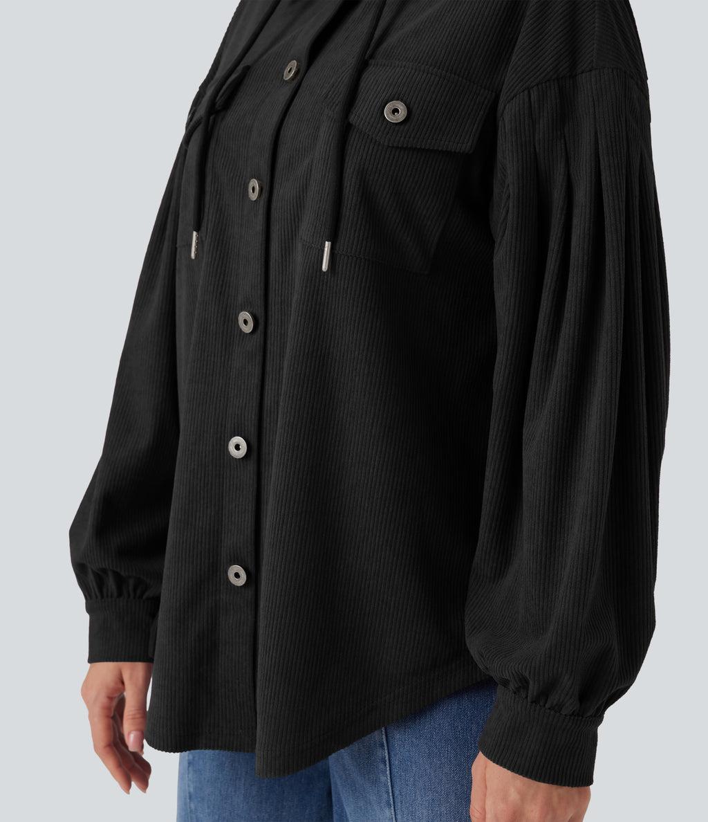 Hooded Drawstring Long Sleeve Corduroy Casual Jacket with Pockets — Black — view 5