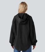 Hooded Drawstring Long Sleeve Corduroy Casual Jacket with Pockets — Black — view 2