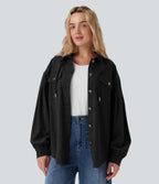 Hooded Drawstring Long Sleeve Corduroy Casual Jacket with Pockets — Black — view 1