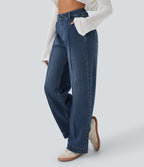 High Waisted Washed Casual Wide Leg Jeans with Pockets — Tide Blue Denim — view 4