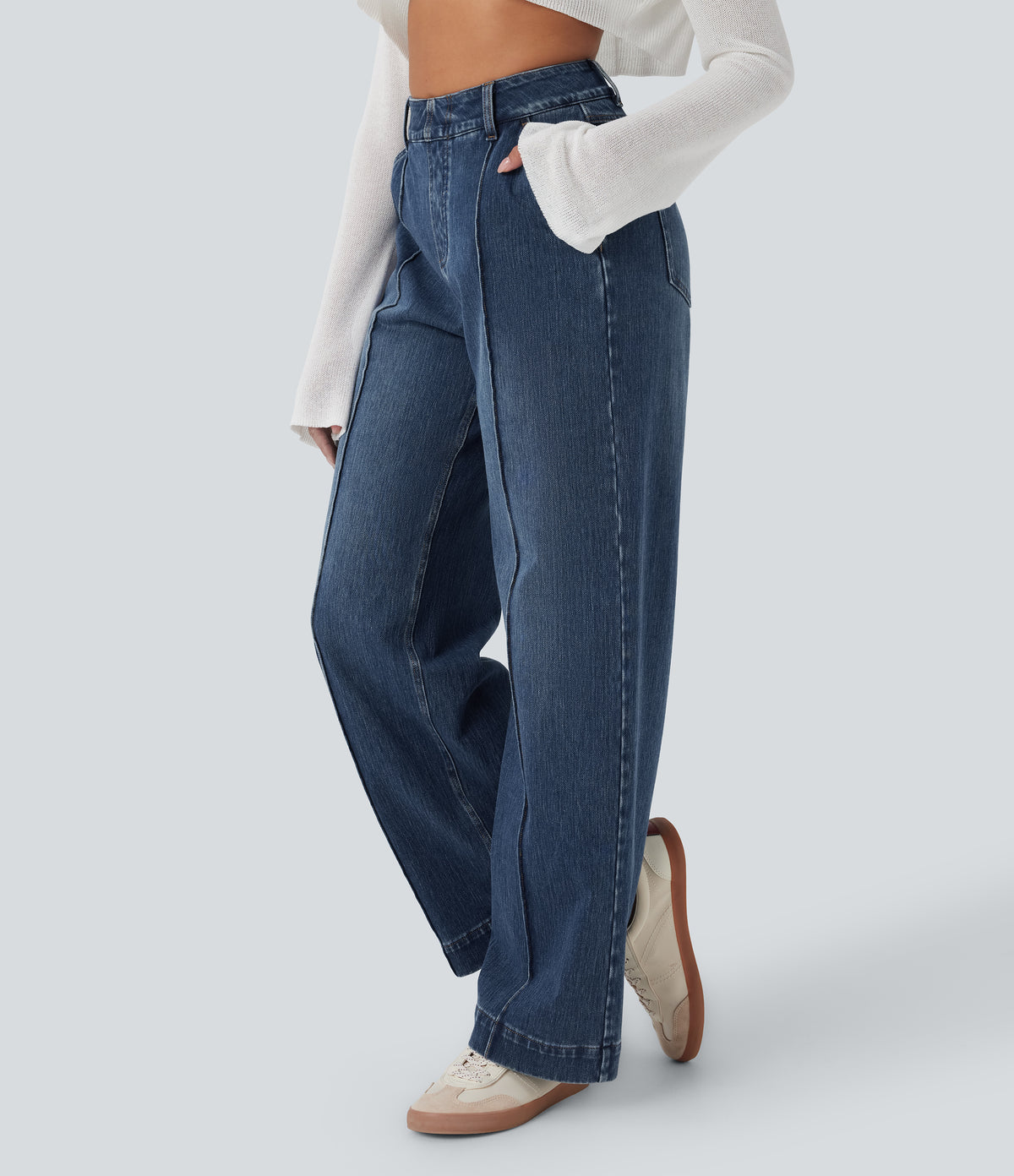 High Waisted Washed Casual Wide Leg Jeans with Pockets — Tide Blue Denim — view 4