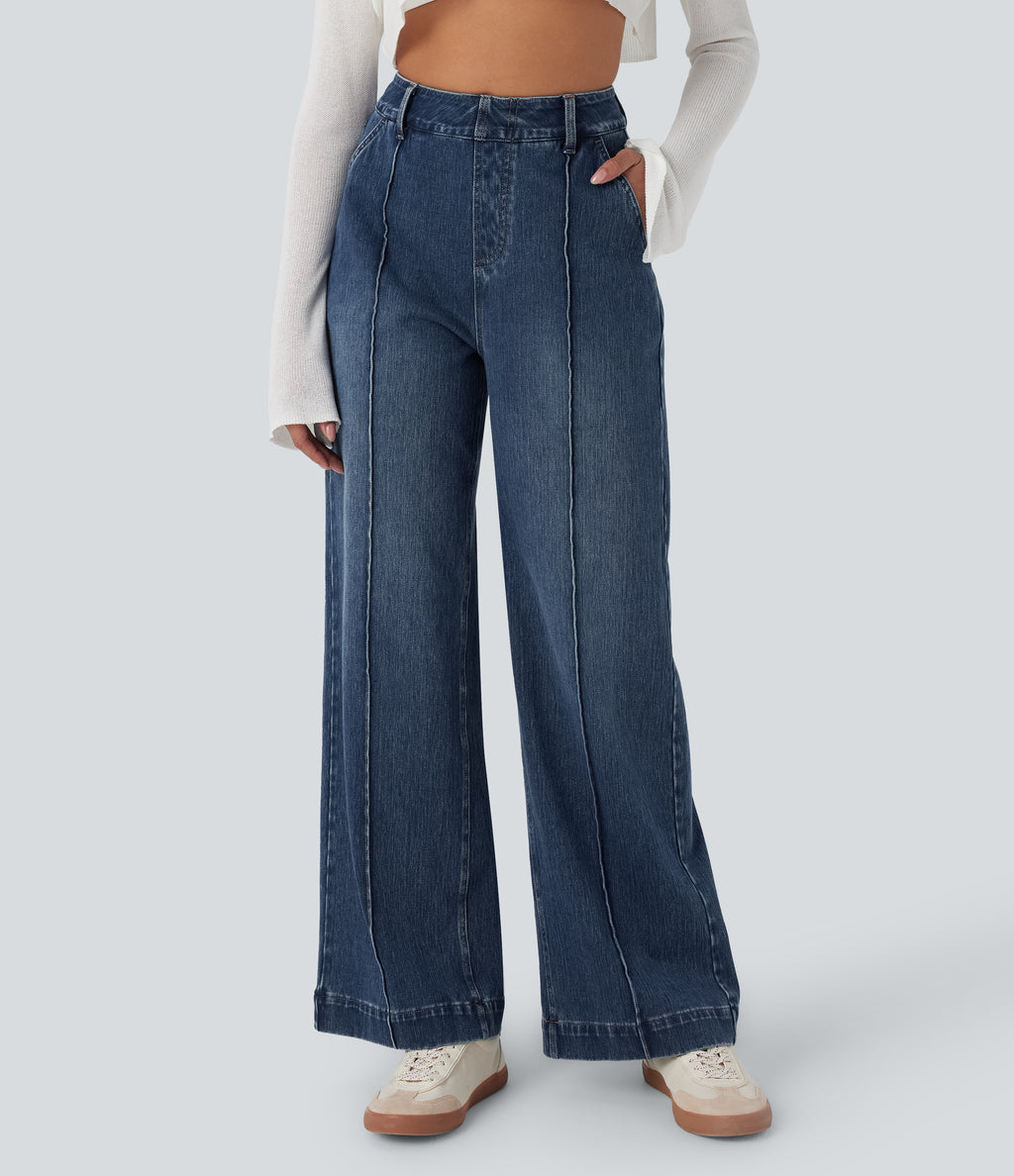 High Waisted Washed Casual Wide Leg Jeans with Pockets — Tide Blue Denim — view 2