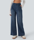 High Waisted Washed Casual Wide Leg Jeans with Pockets — Tide Blue Denim — view 2