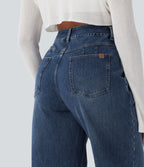 High Waisted Washed Casual Wide Leg Jeans with Pockets — Tide Blue Denim — view 6