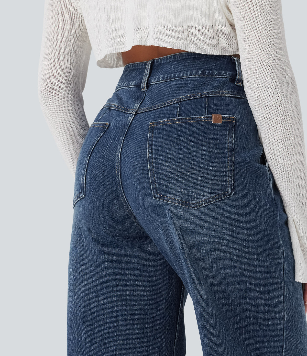 High Waisted Washed Casual Wide Leg Jeans with Pockets — Tide Blue Denim — view 6