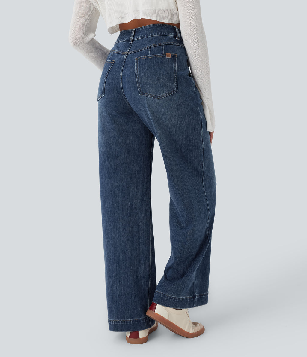 High Waisted Washed Casual Wide Leg Jeans with Pockets — Tide Blue Denim — view 3