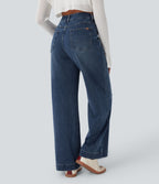 High Waisted Washed Casual Wide Leg Jeans with Pockets — Tide Blue Denim — view 3