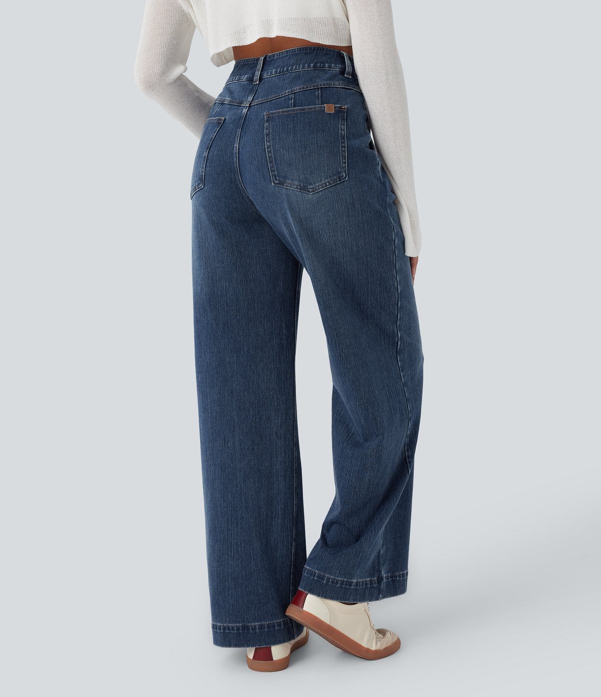 High Waisted Washed Casual Wide Leg Jeans with Pockets — Tide Blue Denim — view 3