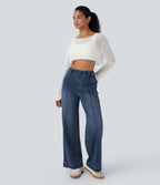 High Waisted Washed Casual Wide Leg Jeans with Pockets — Tide Blue Denim — view 1