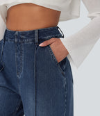High Waisted Washed Casual Wide Leg Jeans with Pockets — Tide Blue Denim — view 5
