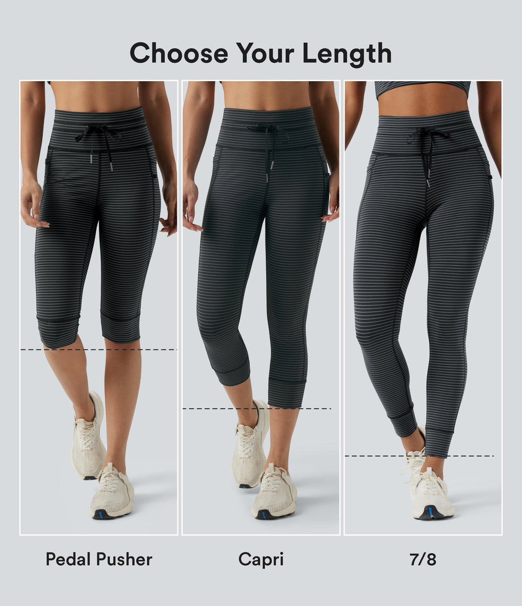 High Waisted Drawstring Striped Yoga Leggings with Pockets — Steel Stripe — view 2