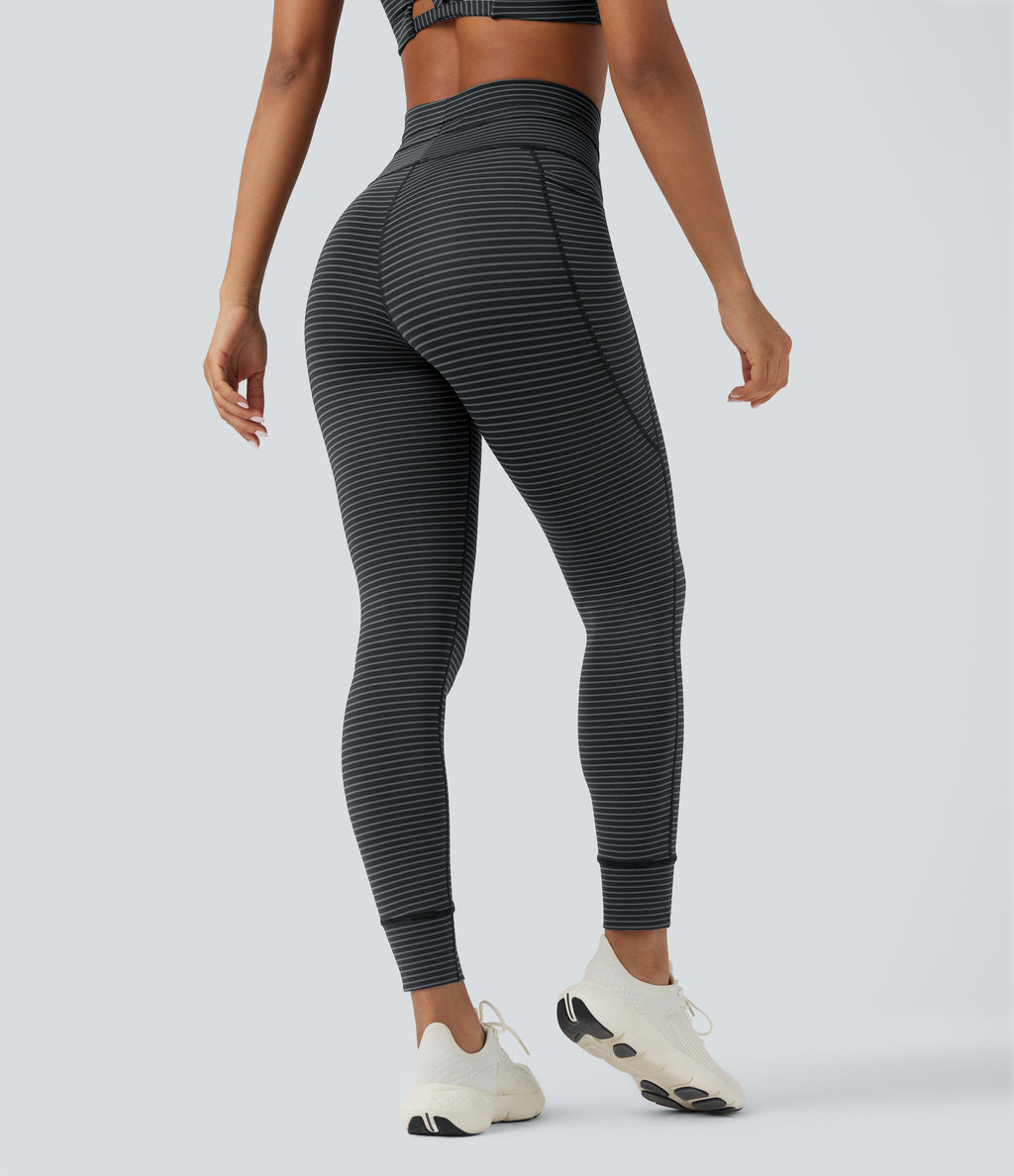 High Waisted Drawstring Striped Yoga Leggings with Pockets — Steel Stripe — view 3