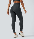 High Waisted Drawstring Striped Yoga Leggings with Pockets — Steel Stripe — view 3