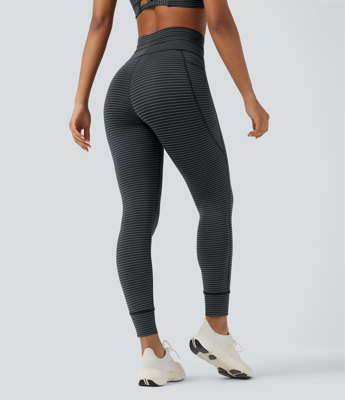 High Waisted Drawstring Striped Yoga Leggings with Pockets — Steel Stripe — view 3