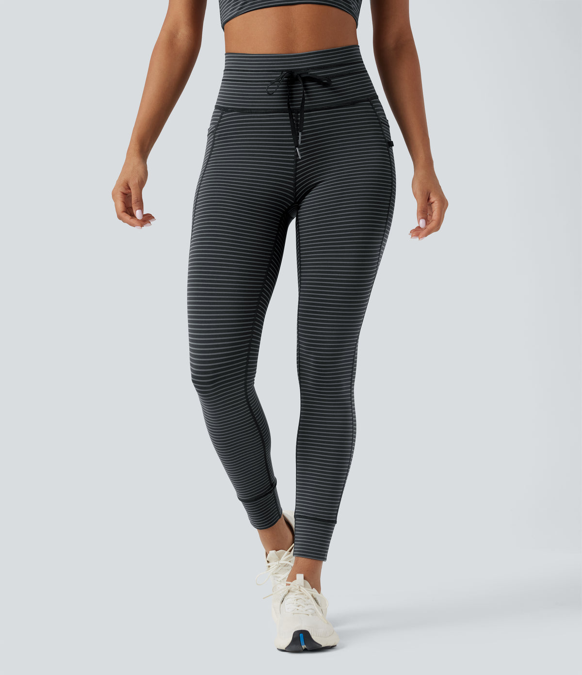 High Waisted Drawstring Striped Yoga Leggings with Pockets — Steel Stripe — view 4
