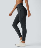 High Waisted Drawstring Striped Yoga Leggings with Pockets — Steel Stripe — view 1