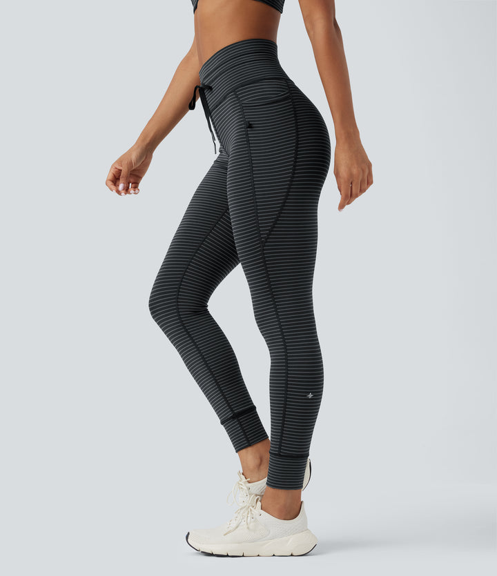 High Waisted Drawstring Striped Yoga Leggings with Pockets — Steel Stripe — view 1