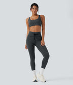 High Waisted Drawstring Striped Yoga Leggings with Pockets — Steel Stripe — view 7