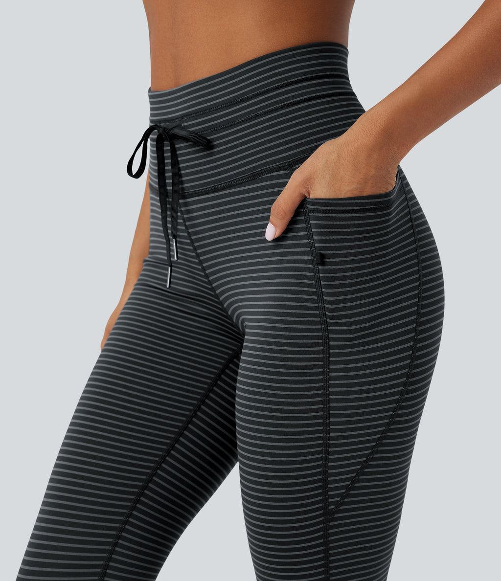 High Waisted Drawstring Striped Yoga Leggings with Pockets — Steel Stripe — view 5