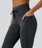 High Waisted Drawstring Striped Yoga Leggings with Pockets — Steel Stripe — view 5