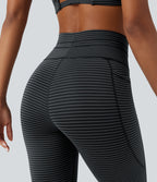 High Waisted Drawstring Striped Yoga Leggings with Pockets — Steel Stripe — view 6