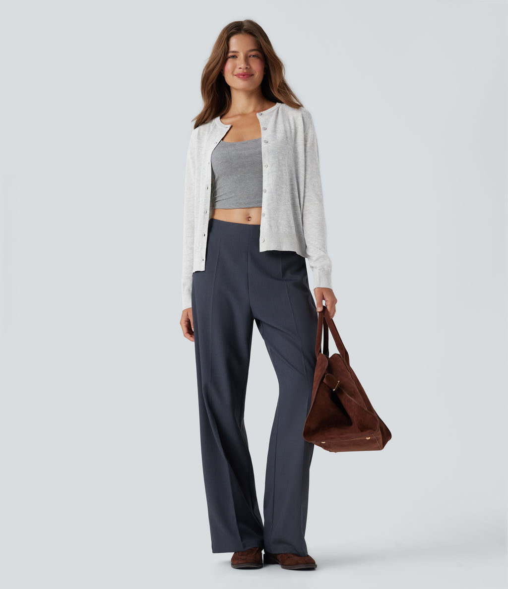 Round Neck Long Sleeve Work Wool-Blend Cardigan — Mottled Grey — view 6