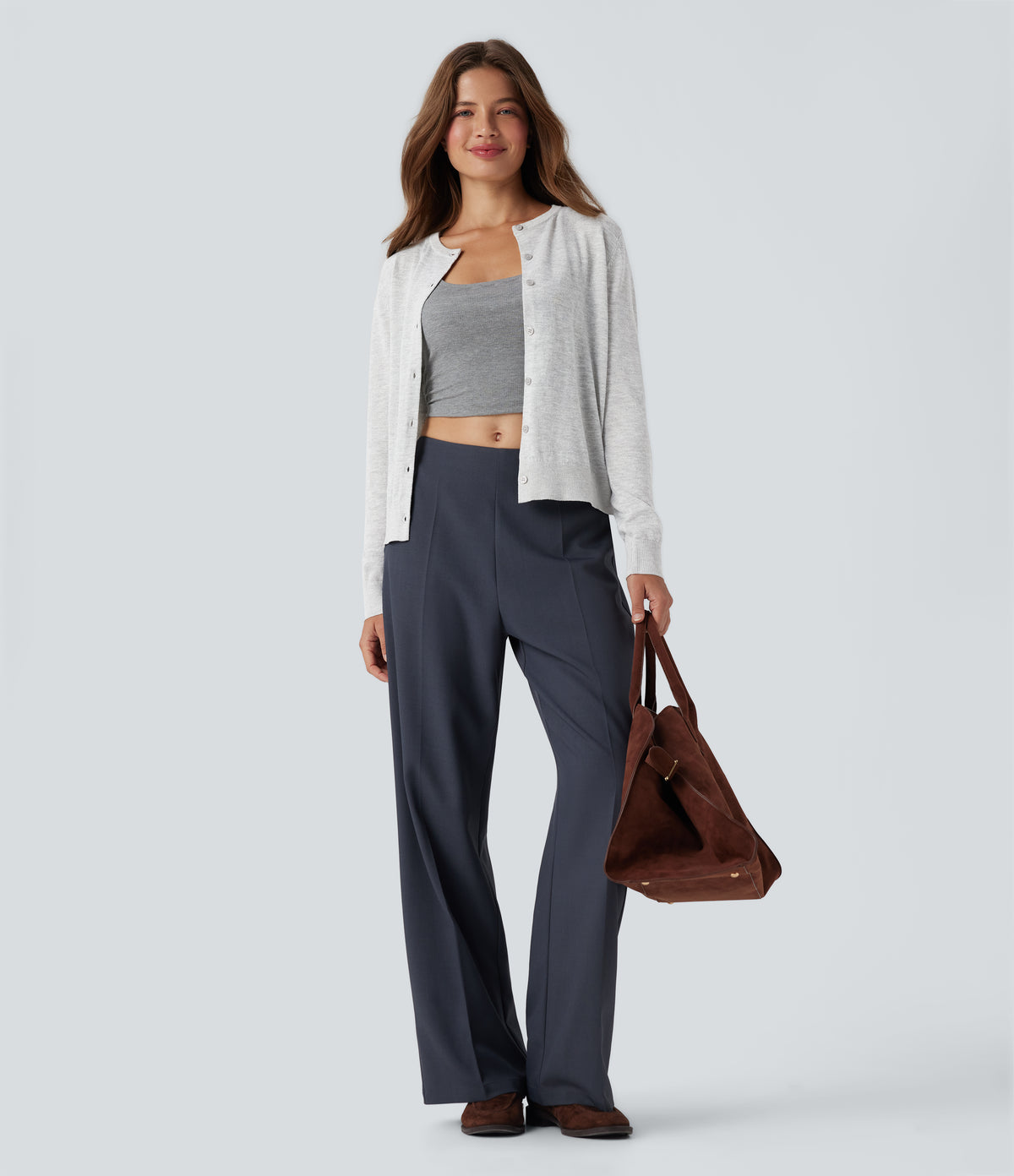 Round Neck Long Sleeve Work Wool-Blend Cardigan — Mottled Grey — view 6
