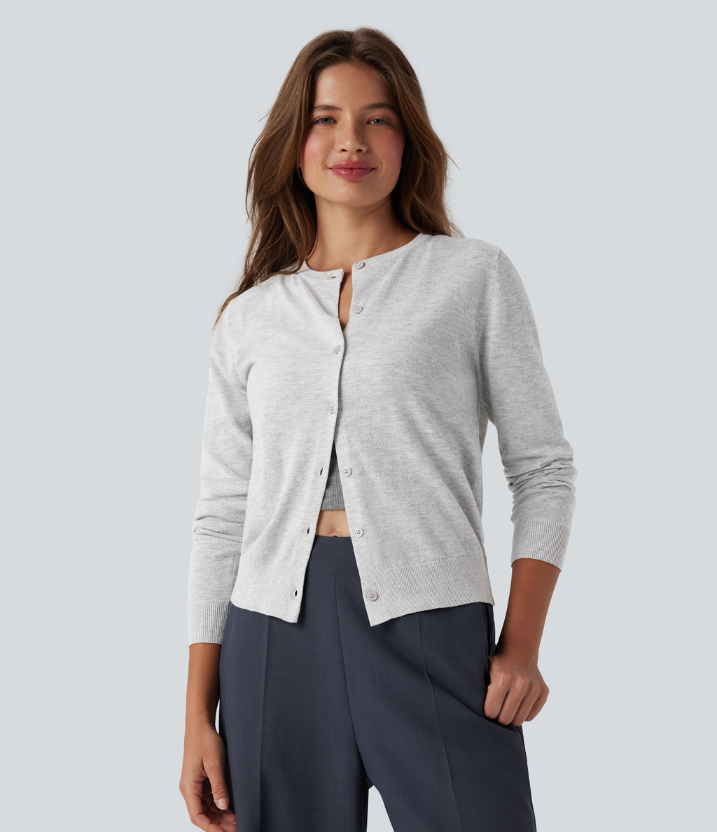 Round Neck Long Sleeve Work Wool-Blend Cardigan — Mottled Grey — view 5
