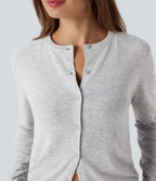Round Neck Long Sleeve Work Wool-Blend Cardigan — Mottled Grey — view 4