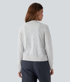 Round Neck Long Sleeve Work Wool-Blend Cardigan — Mottled Grey — view 2