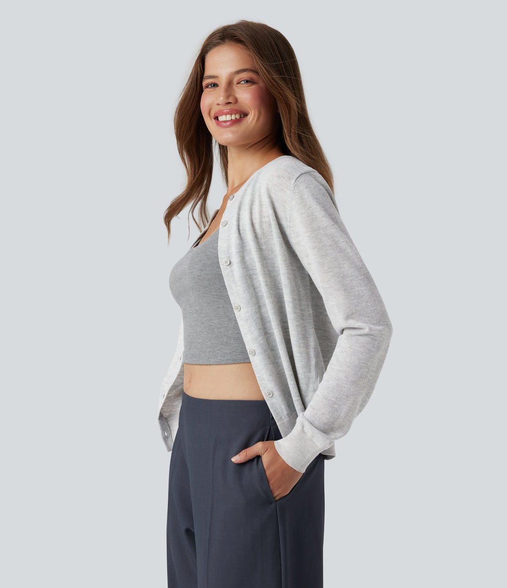 Round Neck Long Sleeve Work Wool-Blend Cardigan — Mottled Grey — view 3
