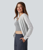 Round Neck Long Sleeve Work Wool-Blend Cardigan — Mottled Grey — view 3