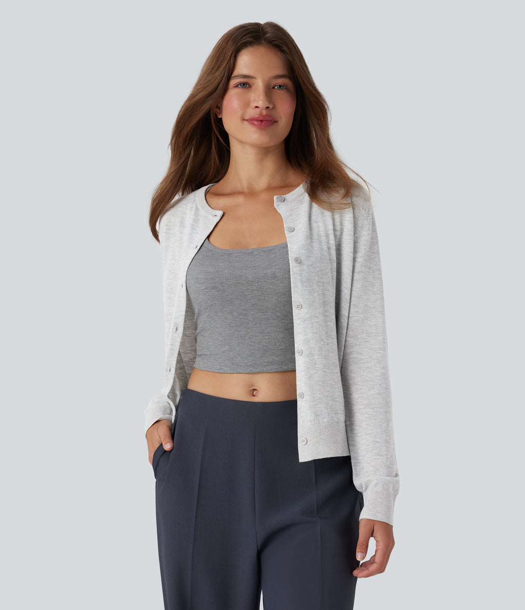 Round Neck Long Sleeve Work Wool-Blend Cardigan — Mottled Grey — view 1