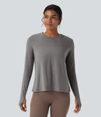 Backless Long Sleeve Thumb Hole Yoga Sports Top — Mottled Earth Gray — view 7