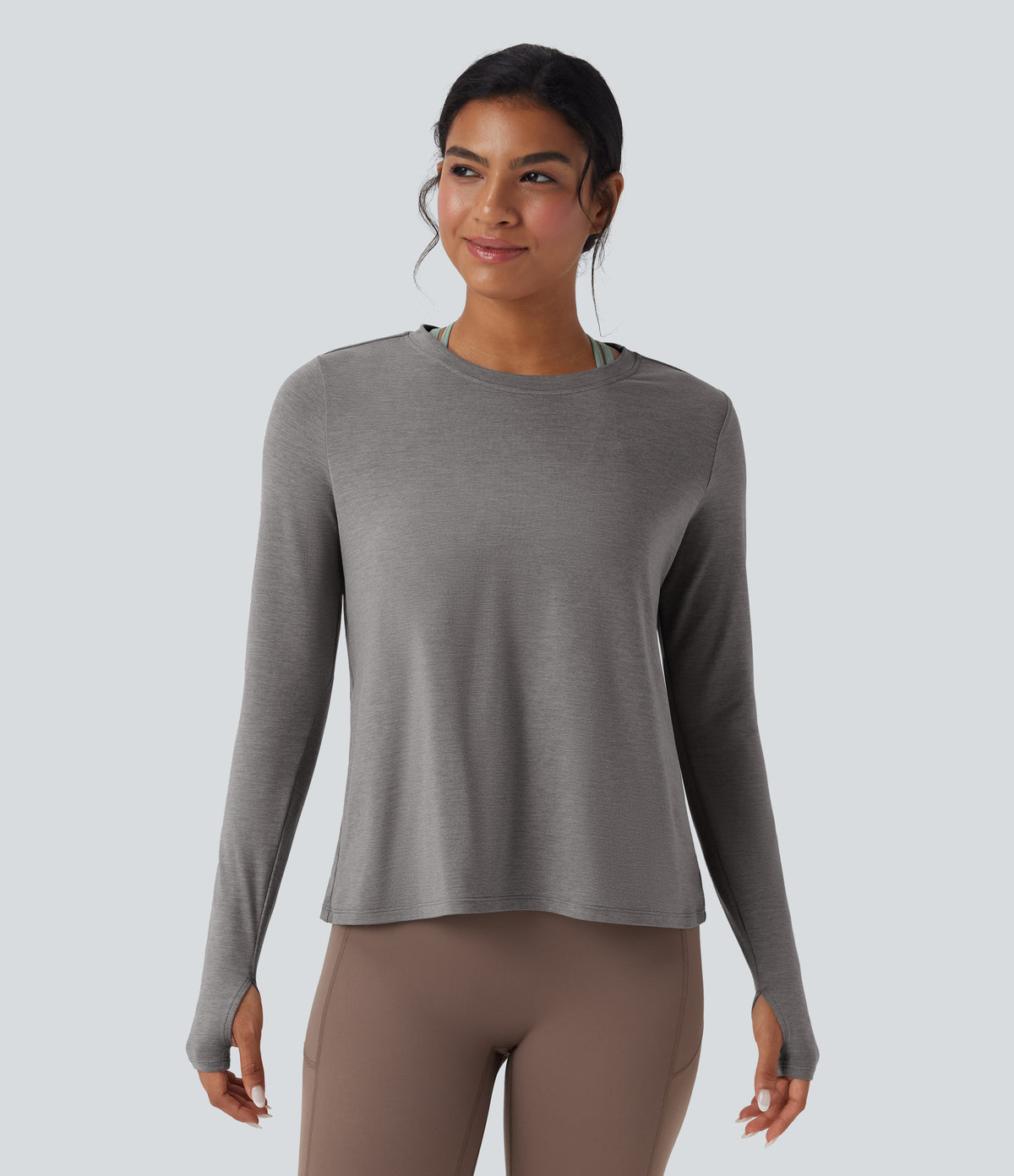 Backless Long Sleeve Thumb Hole Yoga Sports Top — Mottled Earth Gray — view 7