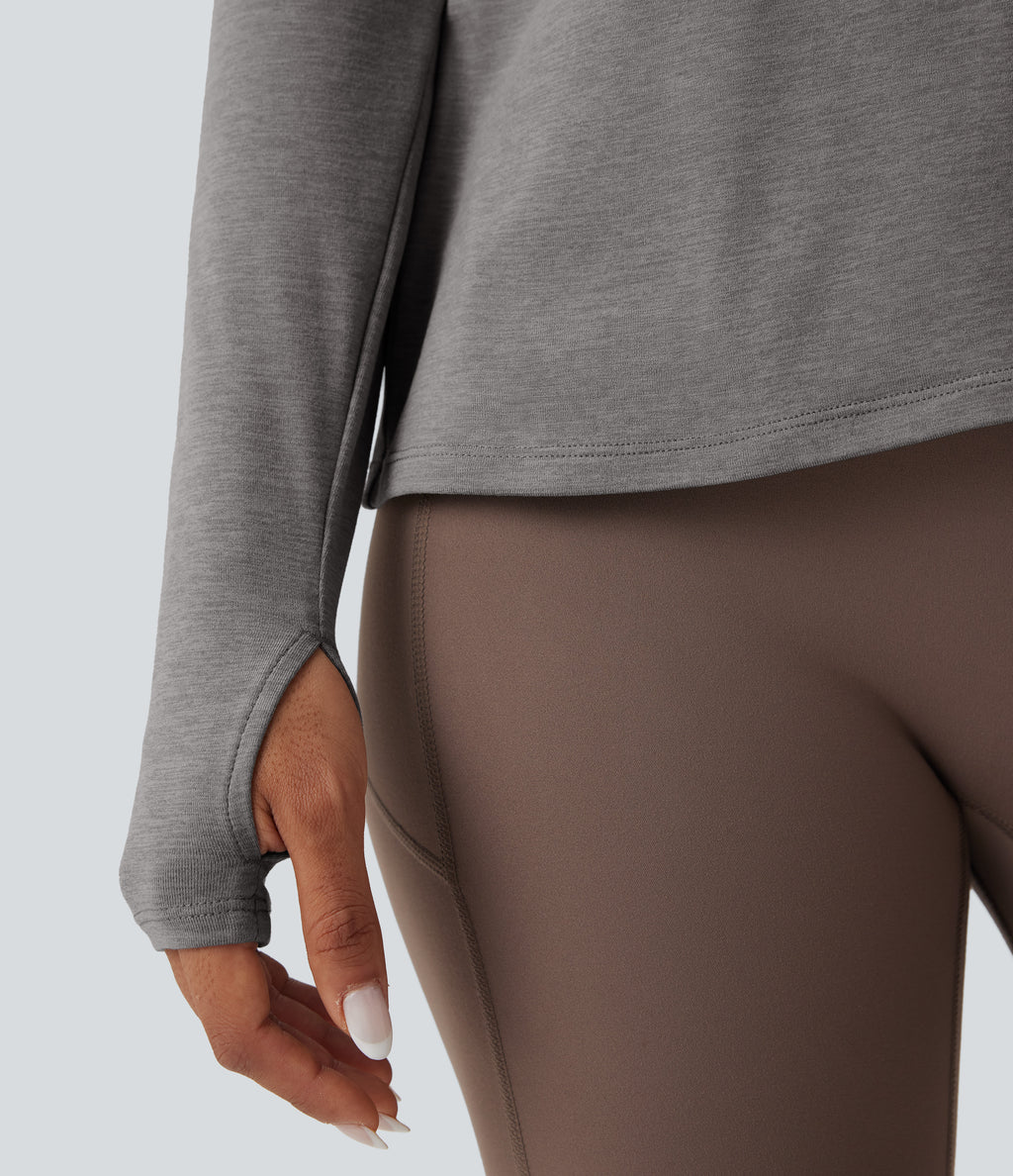 Backless Long Sleeve Thumb Hole Yoga Sports Top — Mottled Earth Gray — view 5